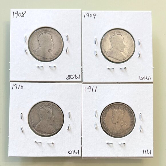1908, 1909, 1910 & 1911 Canada Sterling Silver 4 x 25¢ Coins! - Picture 2 of 13